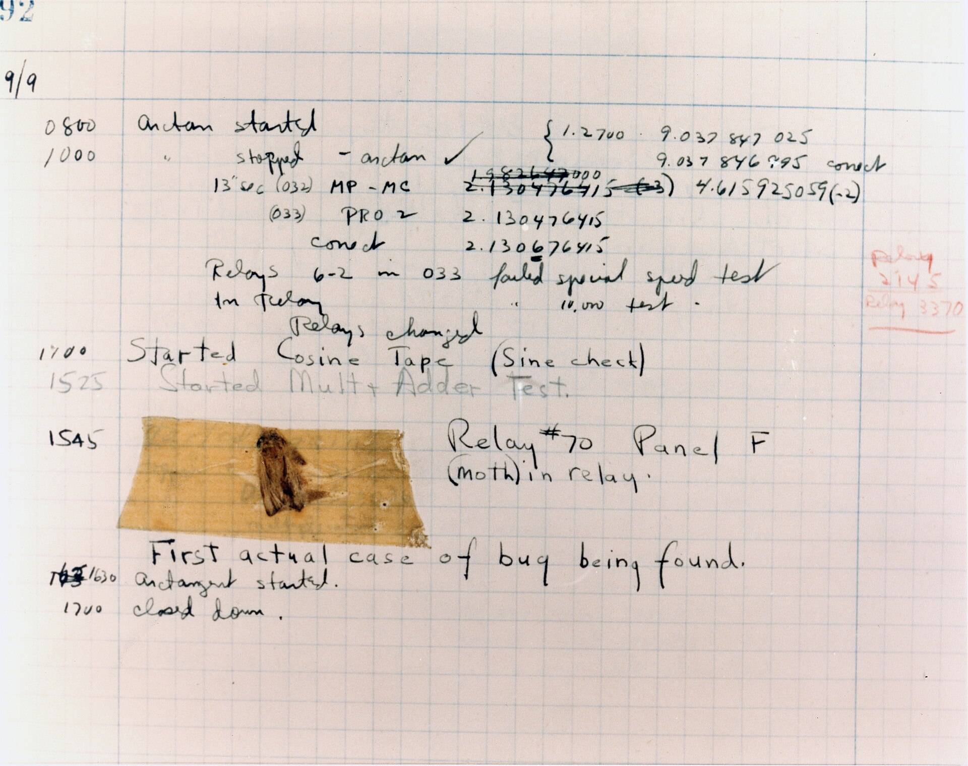 Historic computer log entry showing the first computer bug